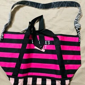 Victoria's Secret Expandable Weekender Pink & Black Striped
Canvas Tote Bag.NWT